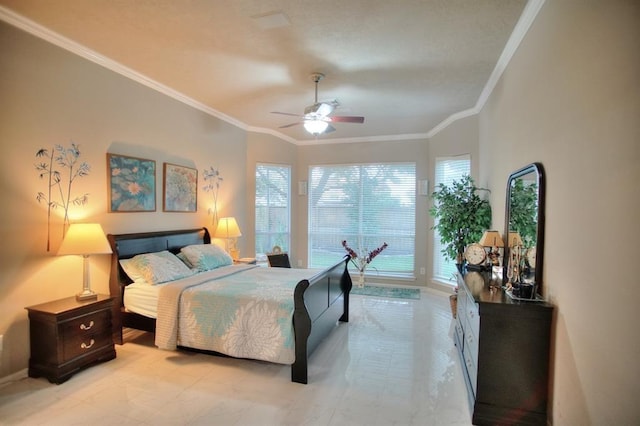 bedroom with access to exterior, ceiling fan, and ornamental molding