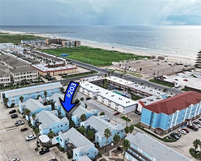 aerial view featuring a beach view and a water view