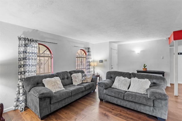 living room with a textured ceiling and dark hardwood / wood-style floors