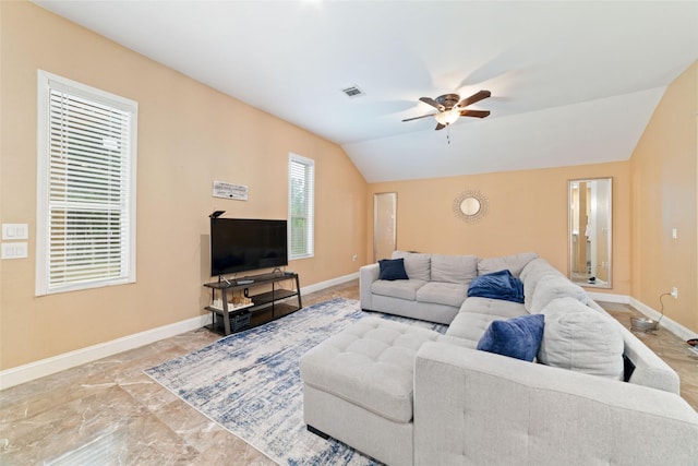 living room featuring vaulted ceiling and ceiling fan