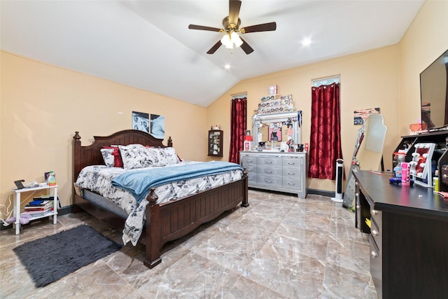 bedroom with ceiling fan and lofted ceiling