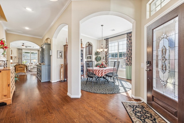 foyer entrance featuring ornamental molding, dark hardwood / wood-style floors, and a healthy amount of sunlight