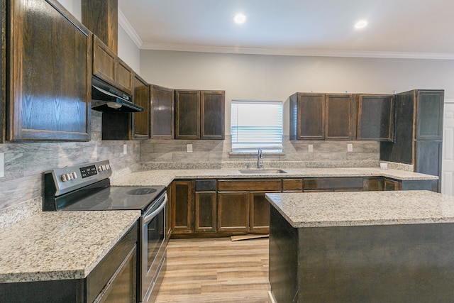 kitchen with a center island, sink, crown molding, stainless steel electric range, and decorative backsplash