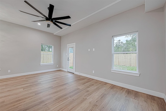 spare room with ceiling fan and light hardwood / wood-style flooring