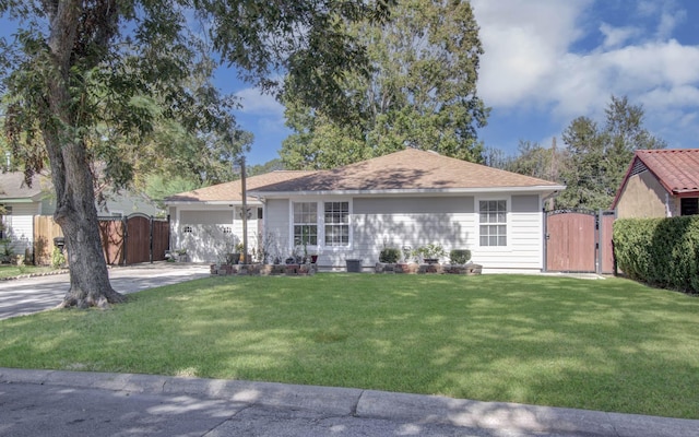 ranch-style home featuring a garage and a front lawn