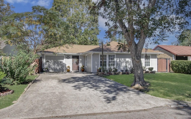 ranch-style home with a garage and a front lawn