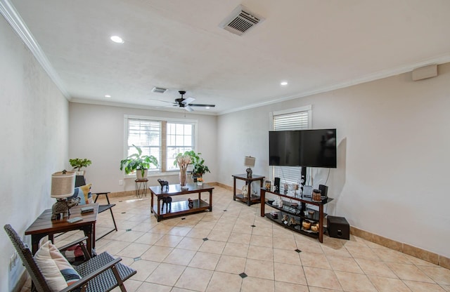 living room with ceiling fan and ornamental molding