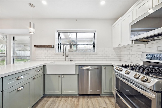 kitchen with appliances with stainless steel finishes, light hardwood / wood-style flooring, plenty of natural light, and sink