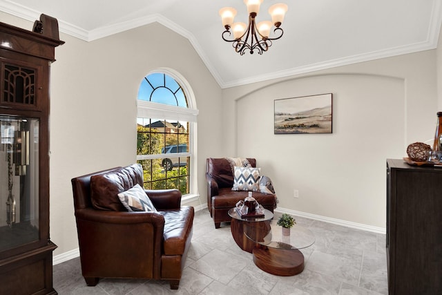 living area with a notable chandelier, lofted ceiling, and ornamental molding