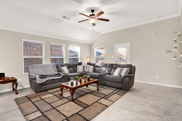 living room with ceiling fan, lofted ceiling, and ornamental molding