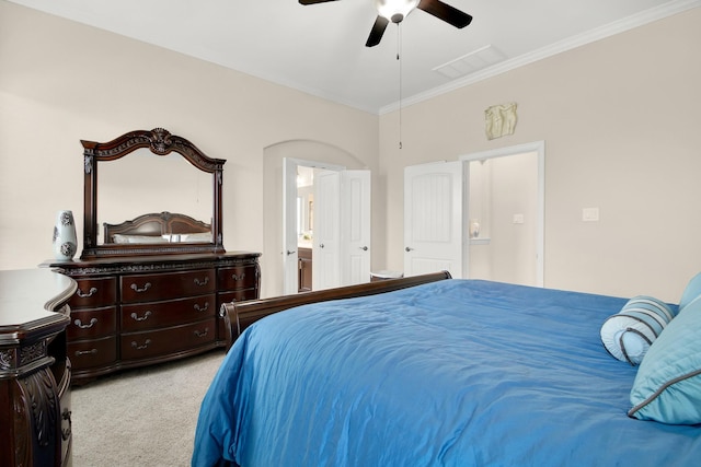 bedroom featuring light colored carpet, ceiling fan, and ornamental molding