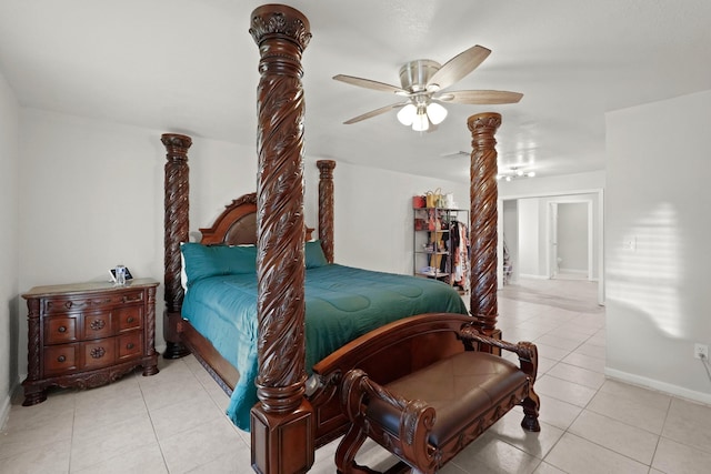 bedroom featuring ceiling fan and light tile patterned flooring