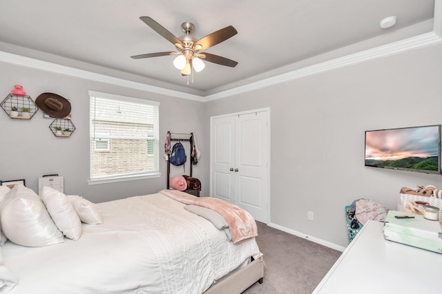 bedroom with carpet flooring, ceiling fan, ornamental molding, and a closet