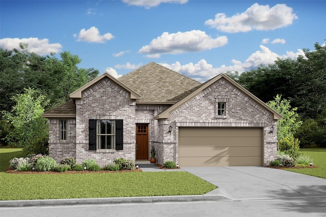 view of front of home with a front yard and a garage