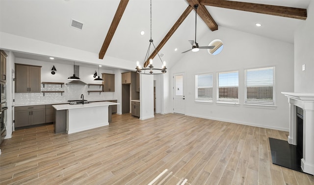 kitchen with pendant lighting, a center island with sink, decorative backsplash, light wood-type flooring, and beamed ceiling