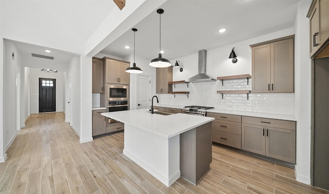 kitchen featuring decorative backsplash, ventilation hood, stainless steel appliances, sink, and a center island with sink