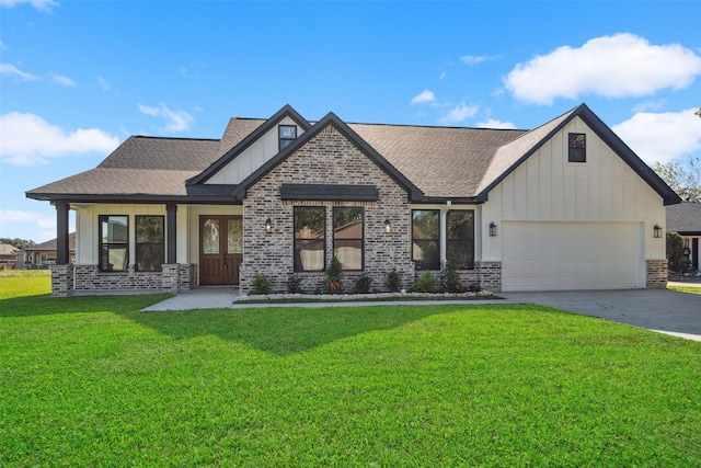 craftsman-style home featuring a porch, a garage, and a front yard