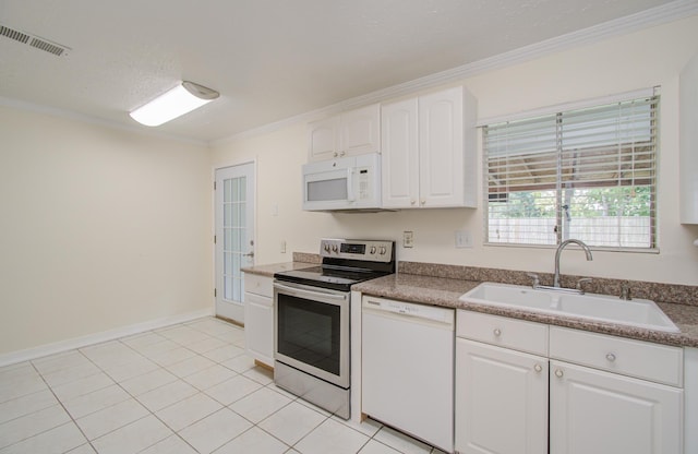 kitchen with white cabinets, white appliances, ornamental molding, and sink