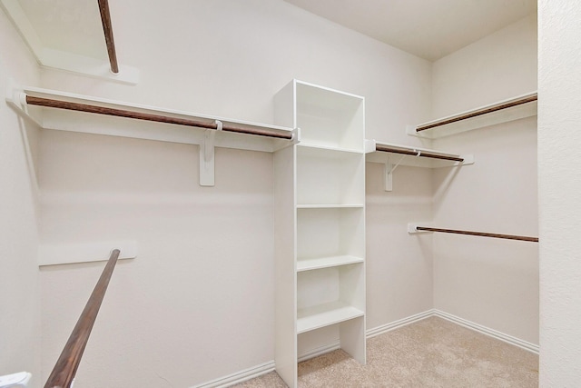 walk in closet with light carpet