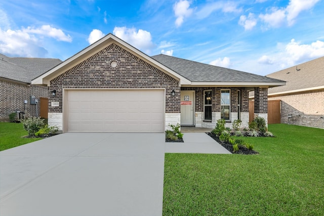 view of front of property with a porch, a garage, and a front yard