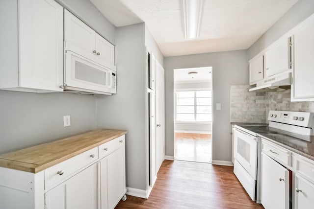 kitchen featuring white cabinets, white appliances, backsplash, and light hardwood / wood-style flooring