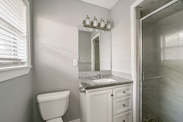 bathroom with vanity, toilet, and walk in shower