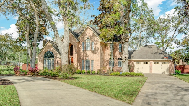 view of front of property featuring a front yard and a garage