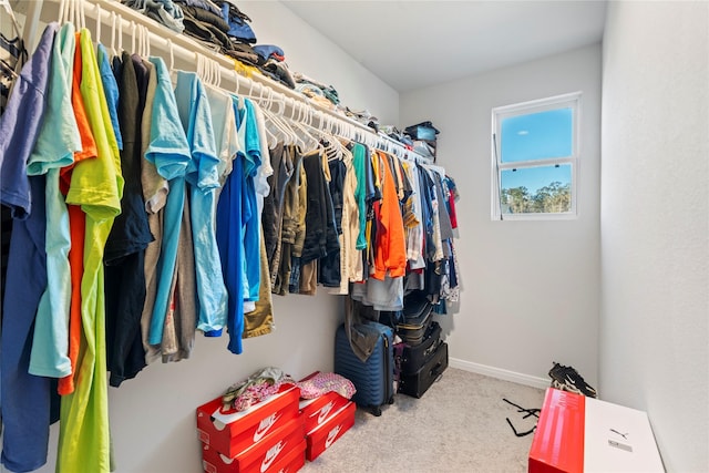 spacious closet featuring light colored carpet