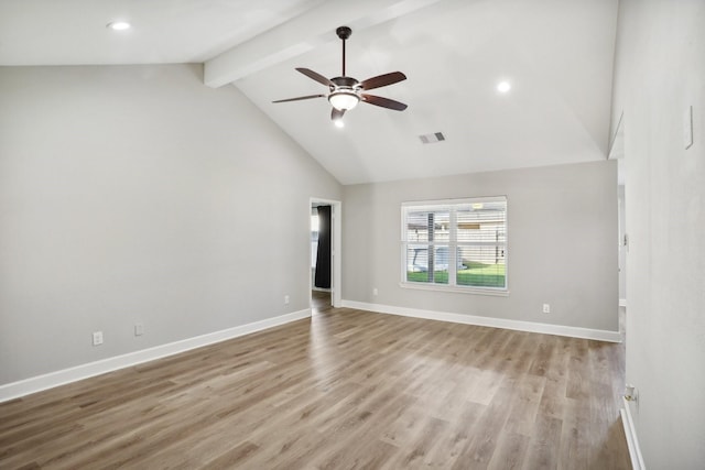 unfurnished room with beam ceiling, ceiling fan, high vaulted ceiling, and light hardwood / wood-style floors