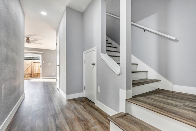 stairs featuring ceiling fan and wood-type flooring