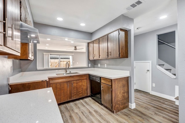 kitchen with light hardwood / wood-style floors, sink, dishwasher, and ceiling fan