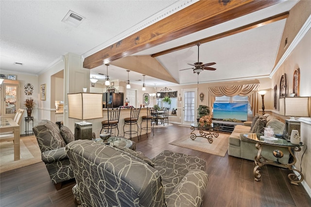 living room with a textured ceiling, ceiling fan, dark hardwood / wood-style flooring, and vaulted ceiling with beams