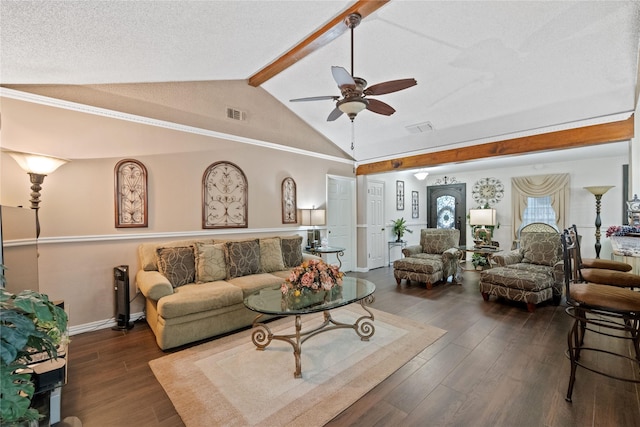 living room featuring a textured ceiling, dark hardwood / wood-style flooring, lofted ceiling with beams, and ceiling fan