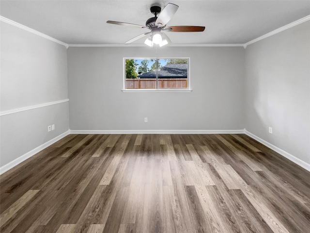 unfurnished room featuring crown molding, ceiling fan, and dark wood-type flooring