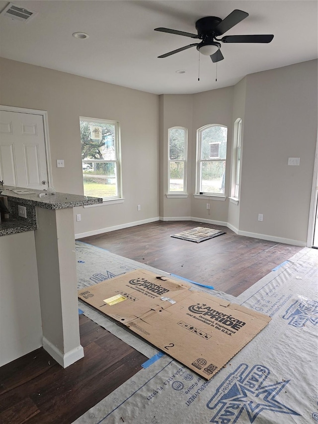 interior space featuring dark hardwood / wood-style flooring, ceiling fan, and plenty of natural light