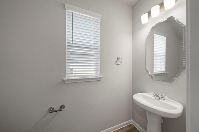 bathroom with hardwood / wood-style floors