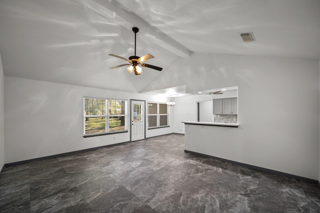 unfurnished living room featuring beamed ceiling, ceiling fan with notable chandelier, and high vaulted ceiling