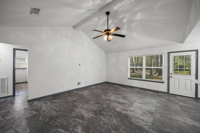 interior space featuring ceiling fan, beamed ceiling, and high vaulted ceiling