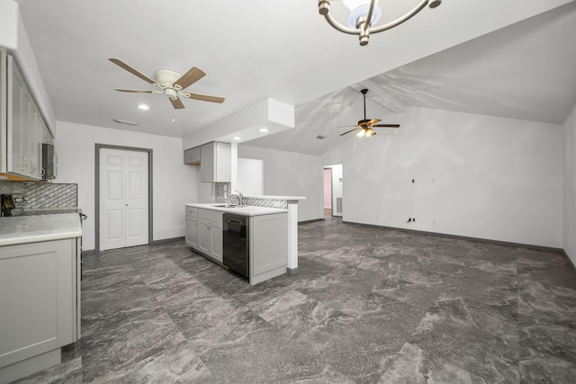 kitchen with decorative backsplash, gray cabinetry, sink, dishwasher, and vaulted ceiling with beams