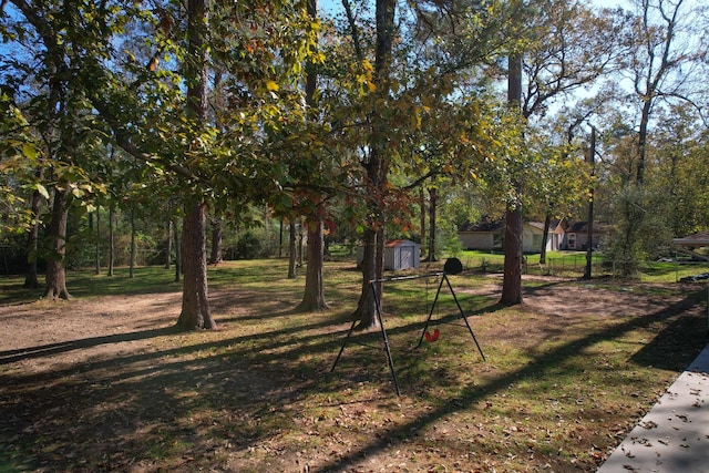 view of yard featuring a storage unit