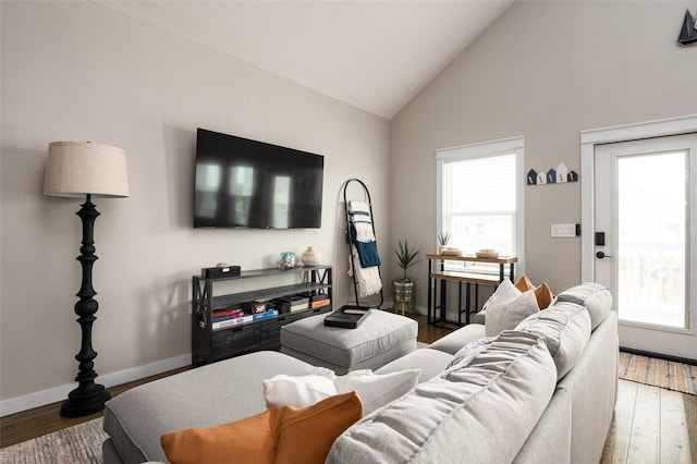 living room with hardwood / wood-style flooring and high vaulted ceiling