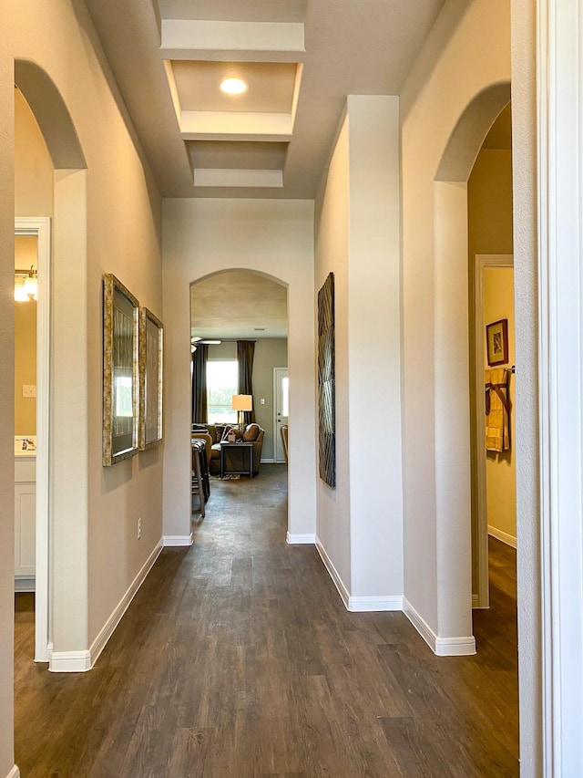 hallway featuring dark hardwood / wood-style floors and a raised ceiling