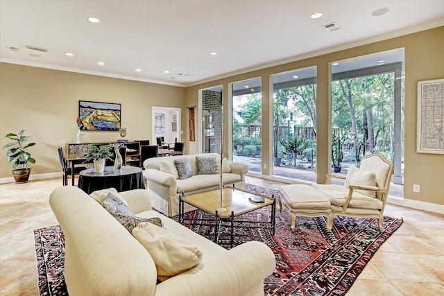 tiled living room featuring crown molding