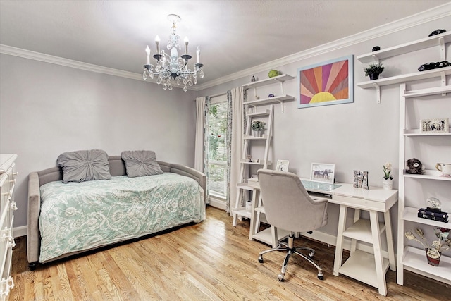 bedroom featuring ornamental molding, a notable chandelier, and hardwood / wood-style flooring