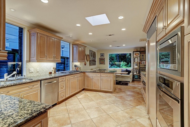 kitchen with sink, a skylight, tasteful backsplash, kitchen peninsula, and stainless steel appliances