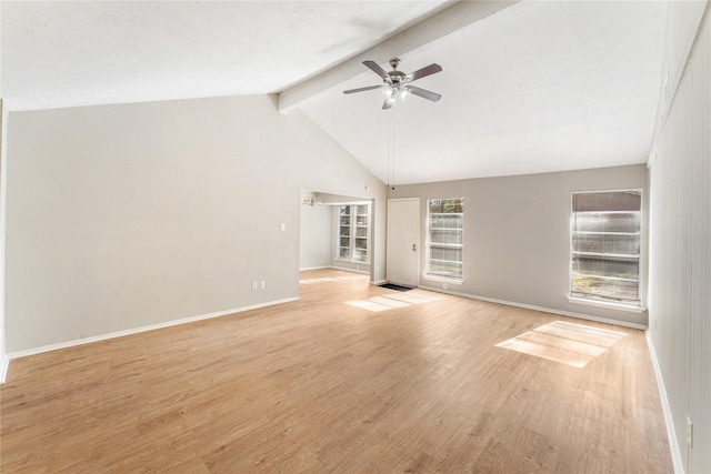 unfurnished living room featuring vaulted ceiling with beams, ceiling fan, and light hardwood / wood-style flooring