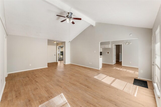 unfurnished living room featuring ceiling fan with notable chandelier, beam ceiling, light wood-type flooring, and high vaulted ceiling