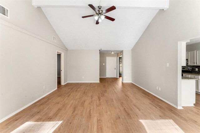 unfurnished living room with beamed ceiling, light wood-type flooring, high vaulted ceiling, and ceiling fan