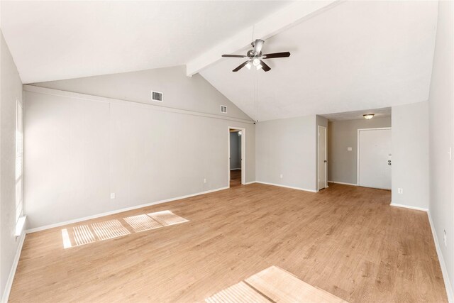 unfurnished living room with vaulted ceiling with beams, light hardwood / wood-style floors, and ceiling fan