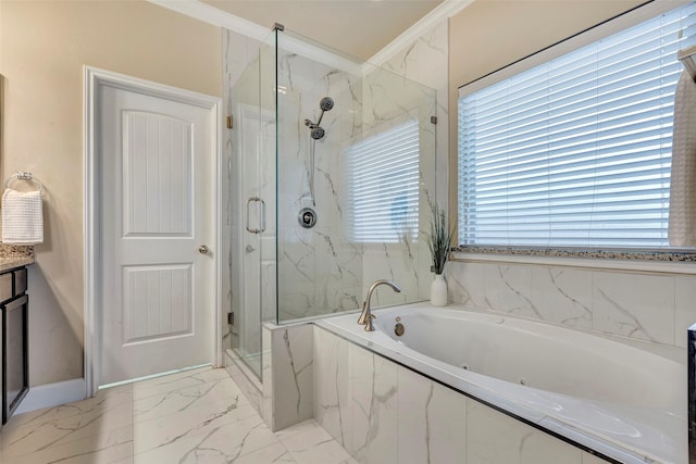 full bathroom featuring marble finish floor, a garden tub, a marble finish shower, ornamental molding, and vanity